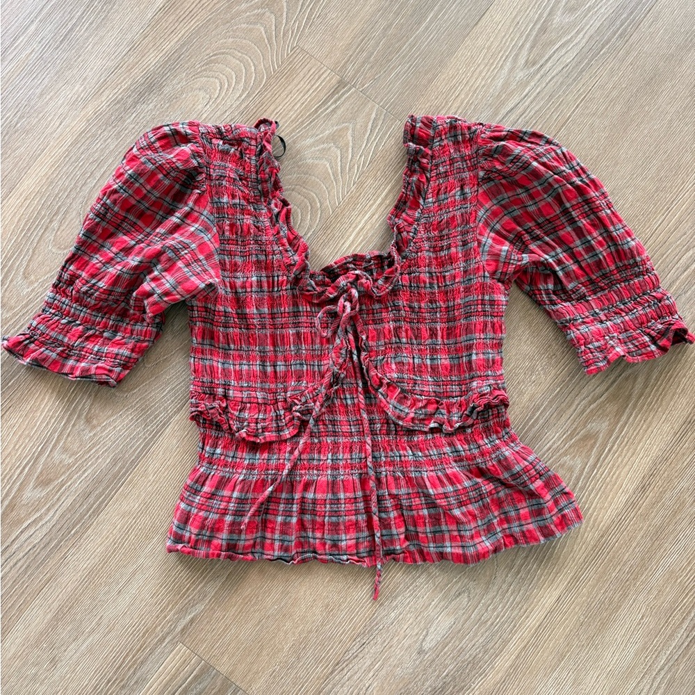 Chic Red Plaid Smocked Blouse